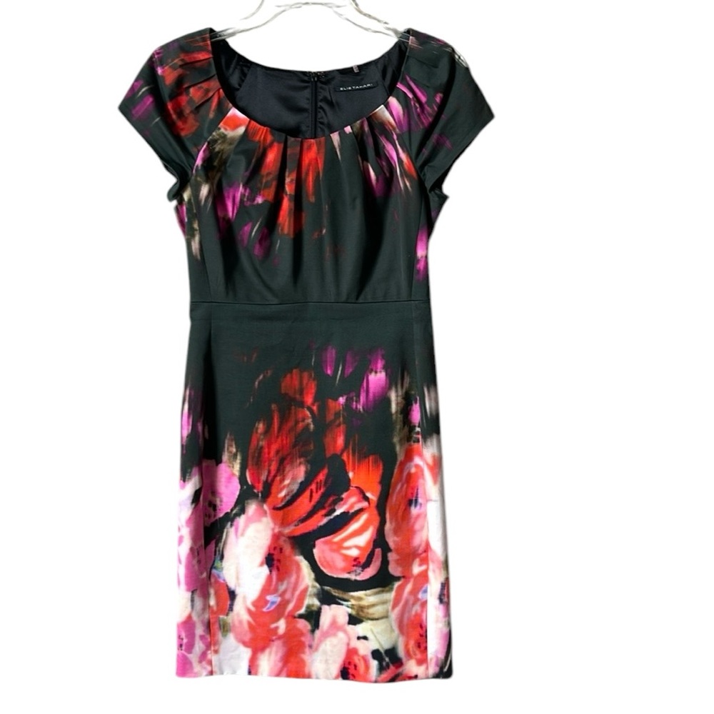 Elie‎ Tahari Abstract Black/Multicolor Watercolor Sheath Dress Pleated/Slit 2